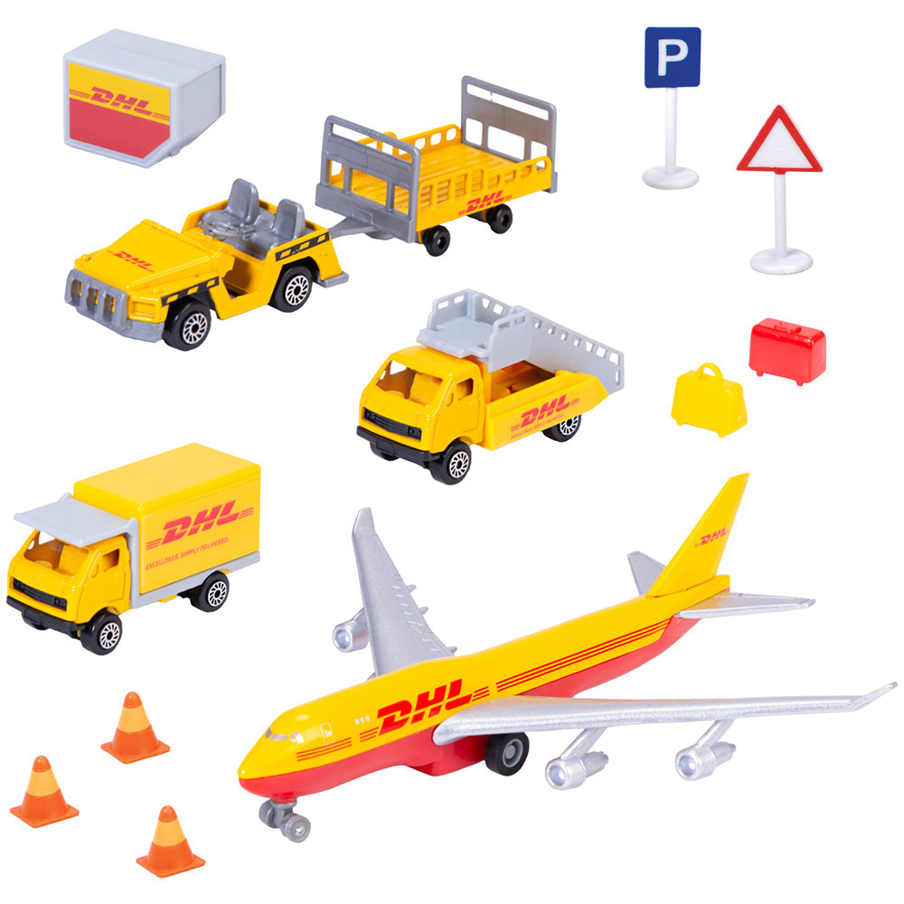Set de joaca aeroport Dickie Toys DHL Airport Playset cu 13 piese