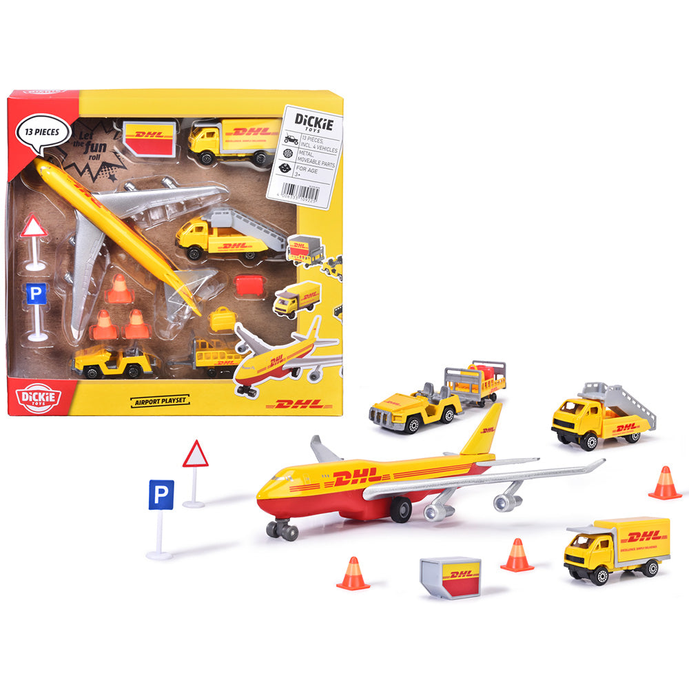 Set de joaca aeroport Dickie Toys DHL Airport Playset cu 13 piese