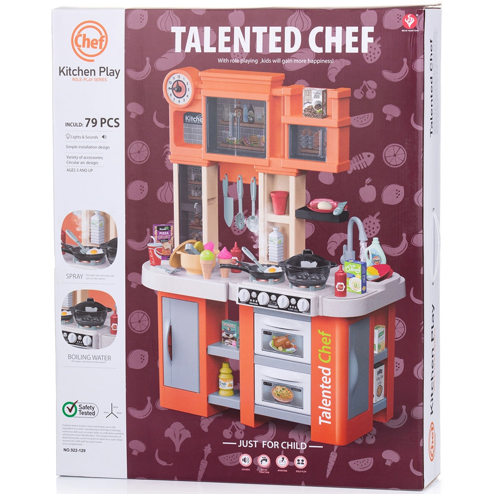 Set jucarie Chipolino Kitchen 84 cm cu sistem de curgere apa, lumini, sunete si 79 accesorii