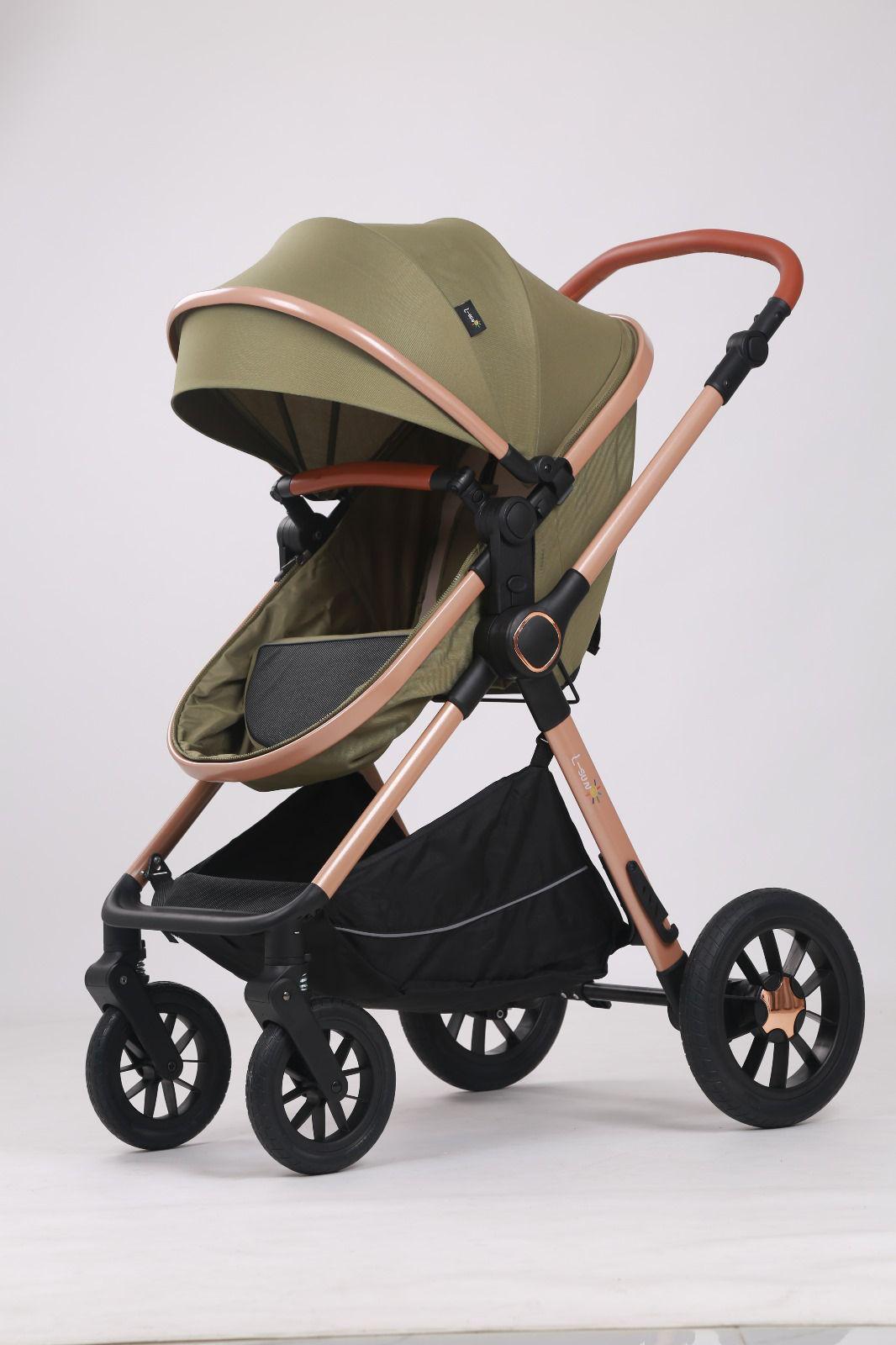 Carucior 3 in 1, L-Sun, Marina, Transformabil, Maner reversibil,  Cadrul aluminiu, Cu landou si salteluta moale, Include saculet de picioare, Geanta pentru parinti, Sustine 22 kg, Olive - gogobaby.ro