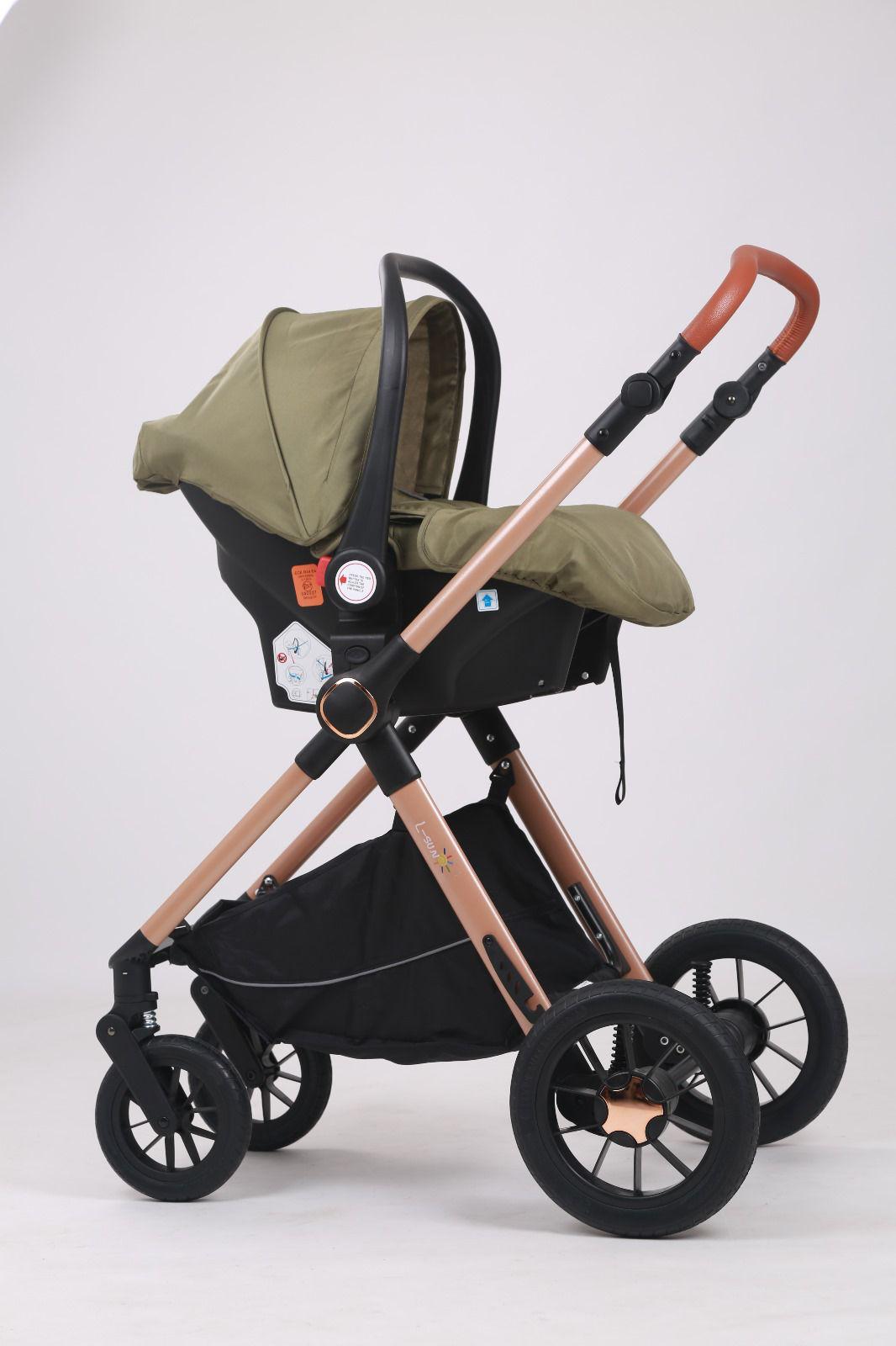 Carucior 3 in 1, L-Sun, Marina, Transformabil, Maner reversibil,  Cadrul aluminiu, Cu landou si salteluta moale, Include saculet de picioare, Geanta pentru parinti, Sustine 22 kg, Olive - gogobaby.ro