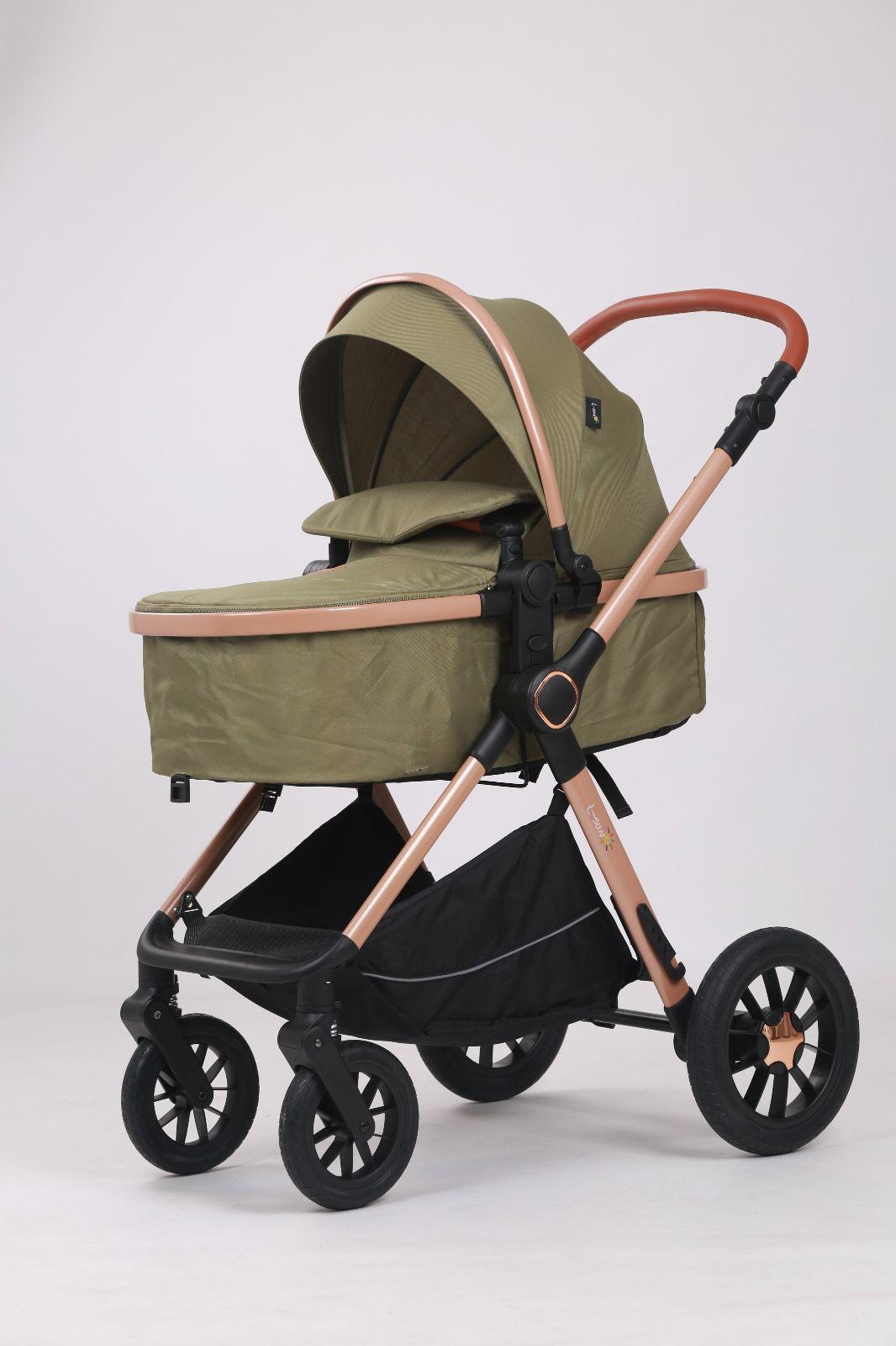 Carucior 3 in 1, L-Sun, Marina, Transformabil, Maner reversibil,  Cadrul aluminiu, Cu landou si salteluta moale, Include saculet de picioare, Geanta pentru parinti, Sustine 22 kg, Olive - gogobaby.ro