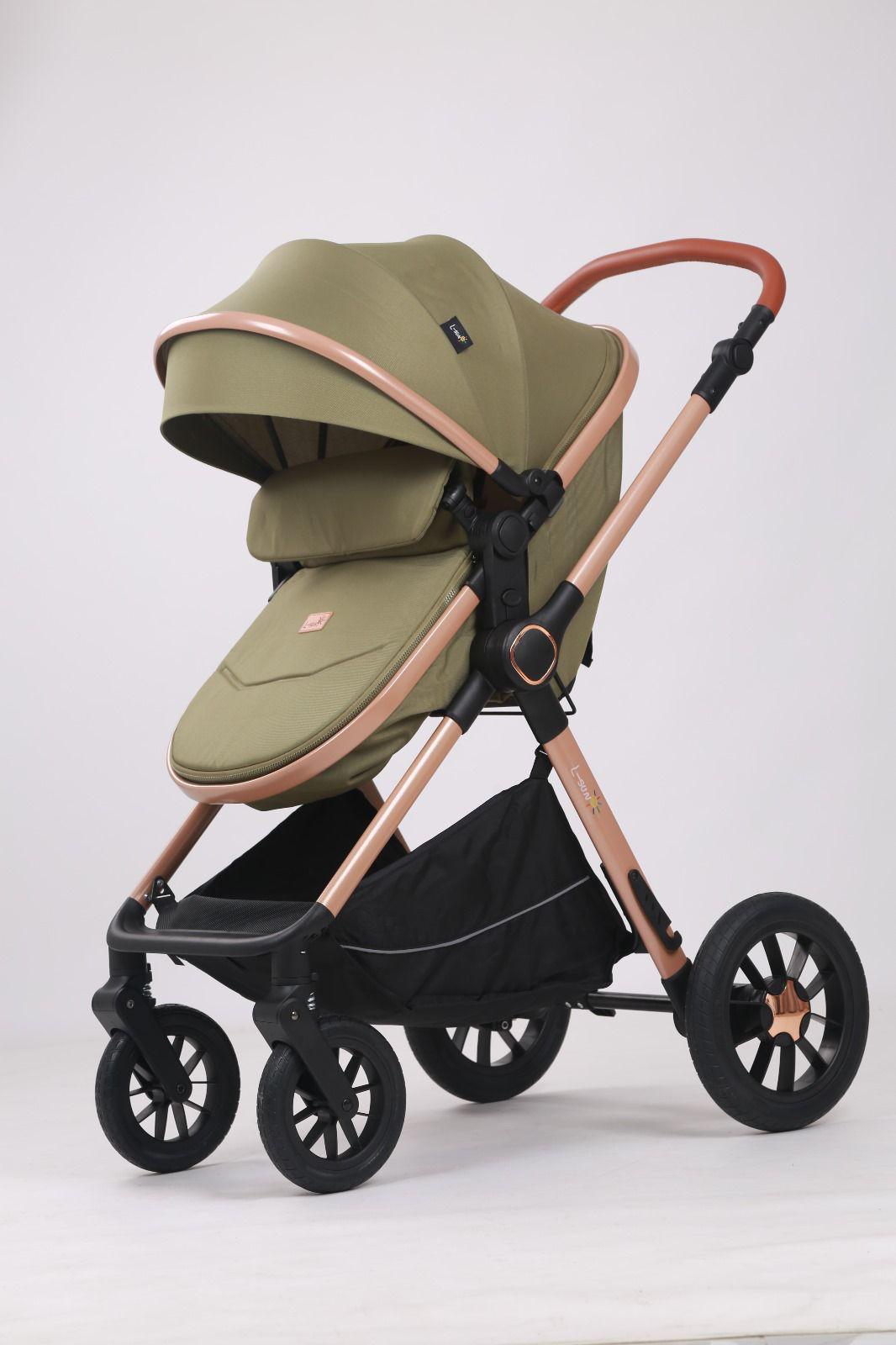 Carucior 3 in 1, L-Sun, Marina, Transformabil, Maner reversibil,  Cadrul aluminiu, Cu landou si salteluta moale, Include saculet de picioare, Geanta pentru parinti, Sustine 22 kg, Olive - gogobaby.ro