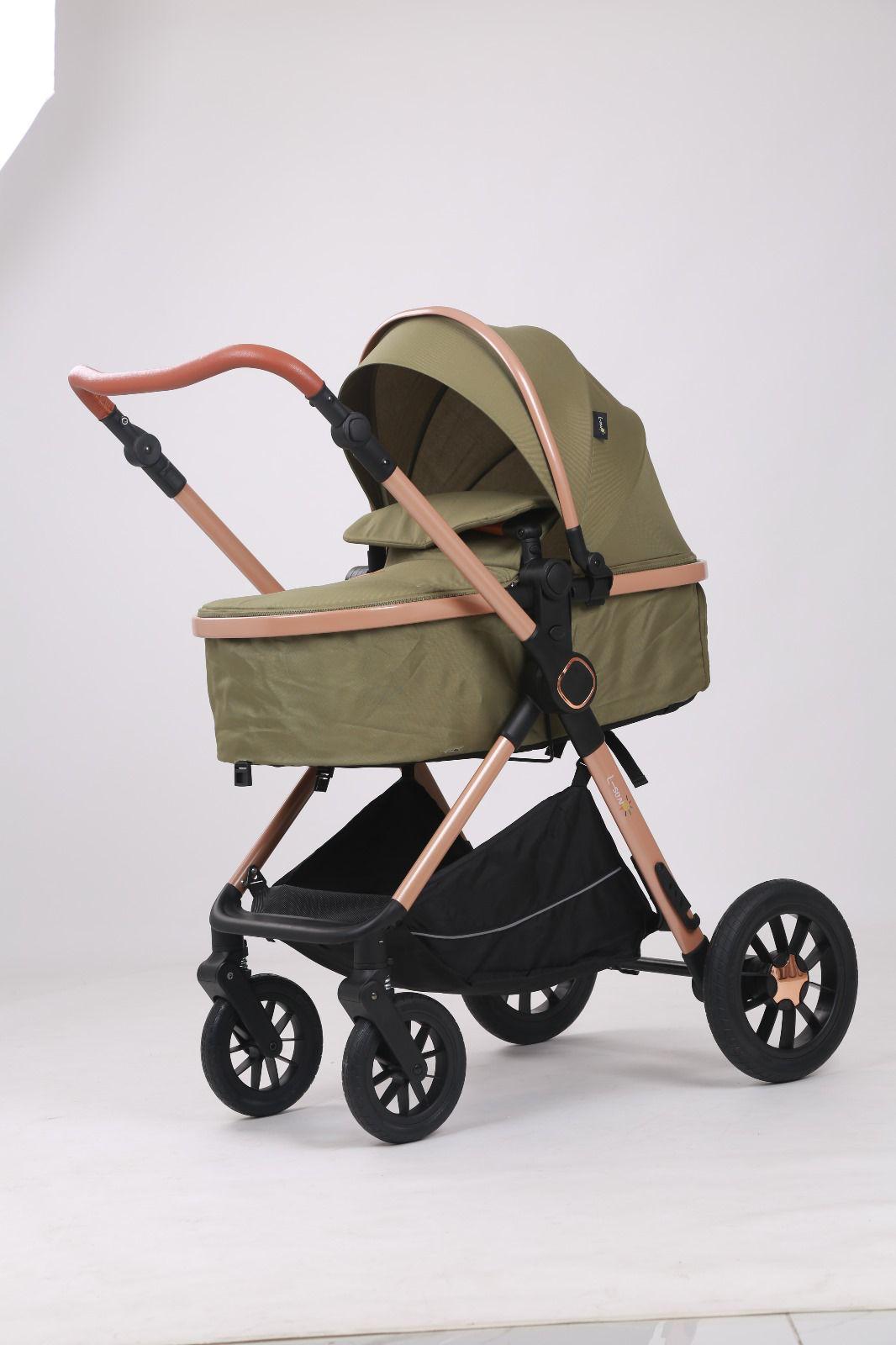 Carucior 3 in 1, L-Sun, Marina, Transformabil, Maner reversibil,  Cadrul aluminiu, Cu landou si salteluta moale, Include saculet de picioare, Geanta pentru parinti, Sustine 22 kg, Olive - gogobaby.ro