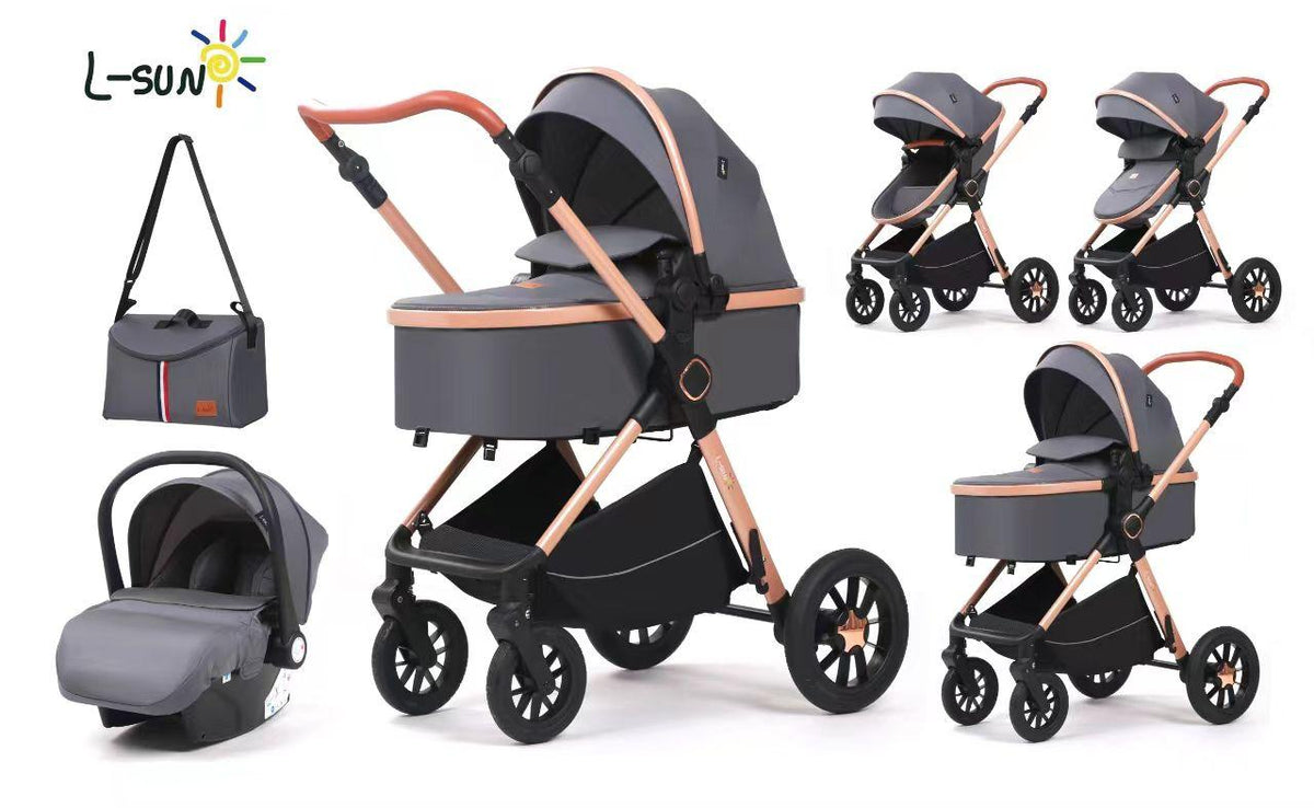 Carucior 3 in 1, L-Sun, Marina, Transformabil, Maner reversibil,  Cadrul aluminiu, Cu landou si salteluta moale, Include saculet de picioare, Geanta pentru parinti, Sustine 22 kg, Gri - gogobaby.ro