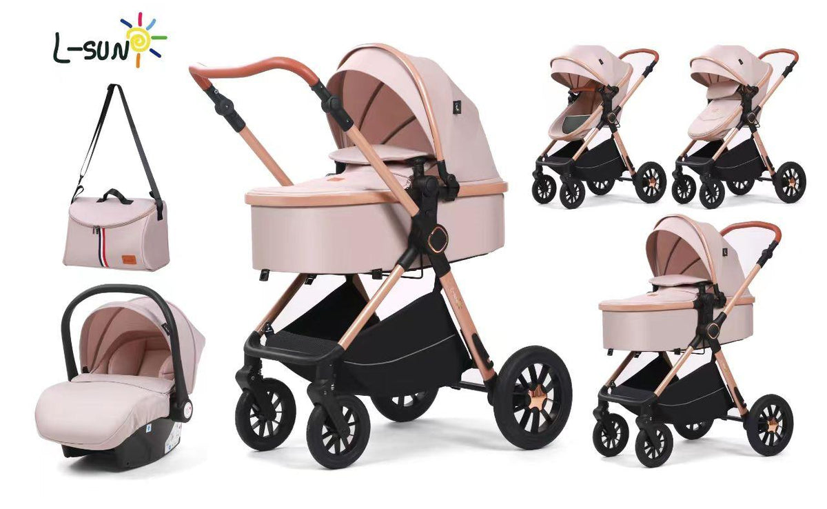 Carucior 3 in 1, L-Sun, Marina, Transformabil, Maner reversibil,  Cadrul aluminiu, Cu landou si salteluta moale, Include saculet de picioare, Geanta pentru parinti, Sustine 22 kg, Bej - gogobaby.ro