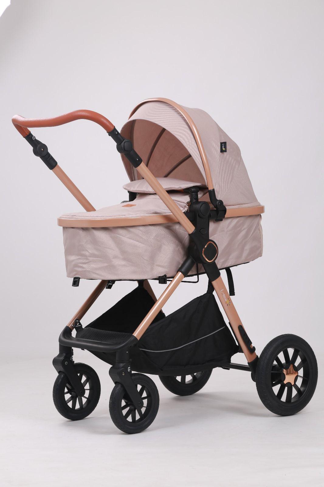 Carucior 3 in 1, L-Sun, Marina, Transformabil, Maner reversibil,  Cadrul aluminiu, Cu landou si salteluta moale, Include saculet de picioare, Geanta pentru parinti, Sustine 22 kg, Bej - gogobaby.ro