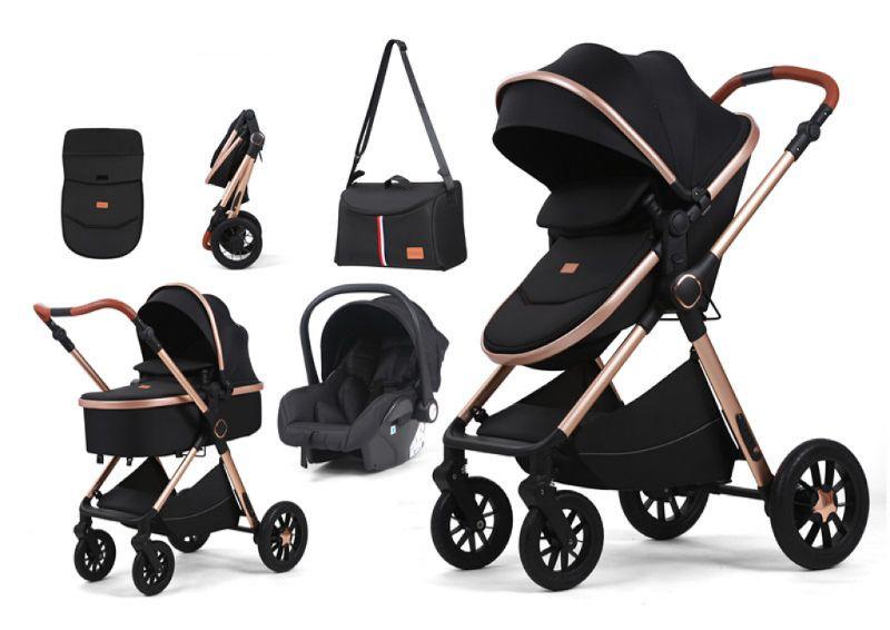 Carucior 3 in 1, L-Sun, Marina, Transformabil, Maner reversibil,  Cadrul aluminiu, Cu landou si salteluta moale, Include saculet de picioare, Geanta pentru parinti, Sustine 22 kg, Negru - gogobaby.ro