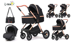 Carucior 3 in 1, L-Sun, Marina, Transformabil, Maner reversibil,  Cadrul aluminiu, Cu landou si salteluta moale, Include saculet de picioare, Geanta pentru parinti, Sustine 22 kg, Negru