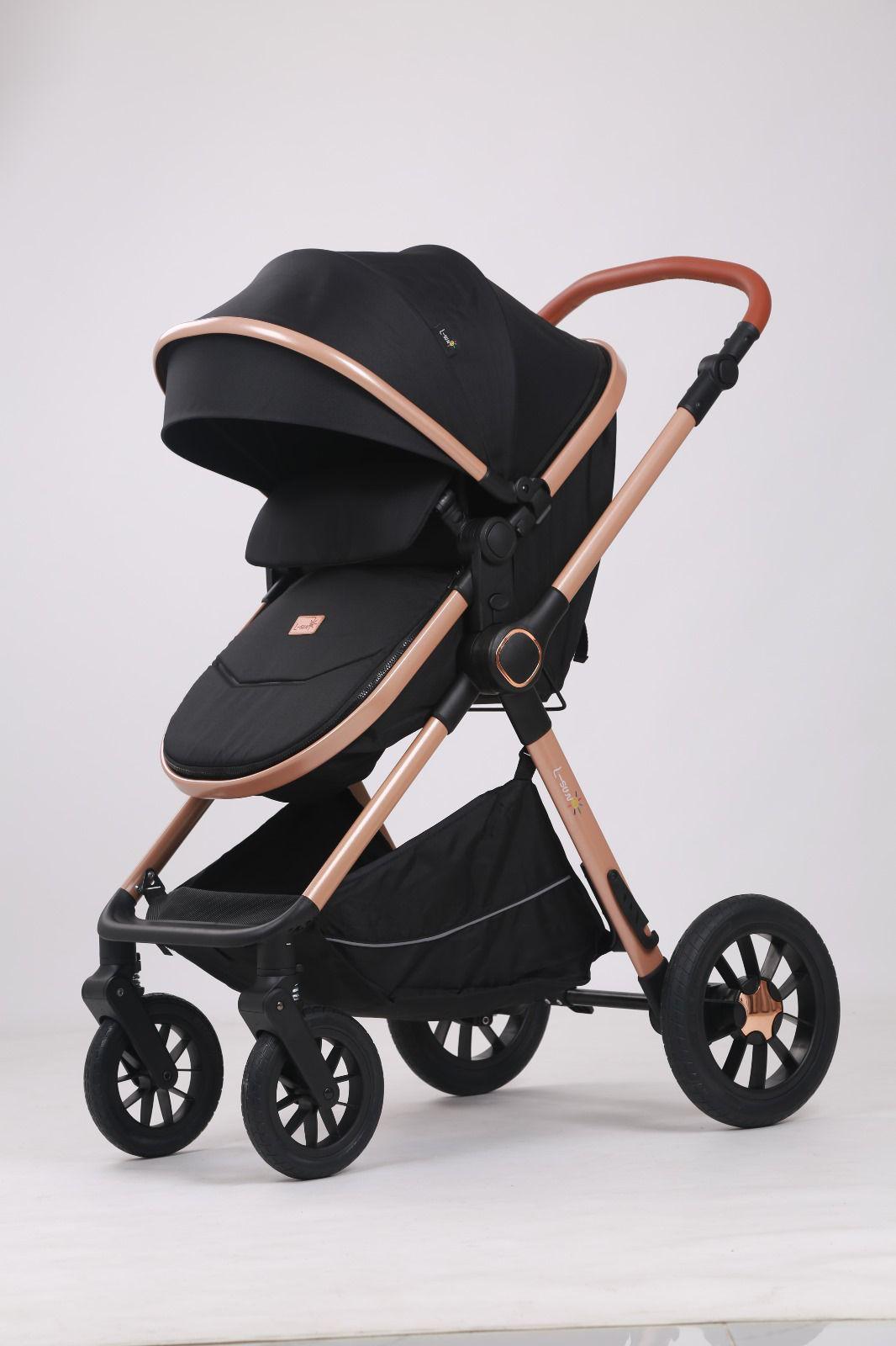 Carucior 3 in 1, L-Sun, Marina, Transformabil, Maner reversibil,  Cadrul aluminiu, Cu landou si salteluta moale, Include saculet de picioare, Geanta pentru parinti, Sustine 22 kg, Negru - gogobaby.ro