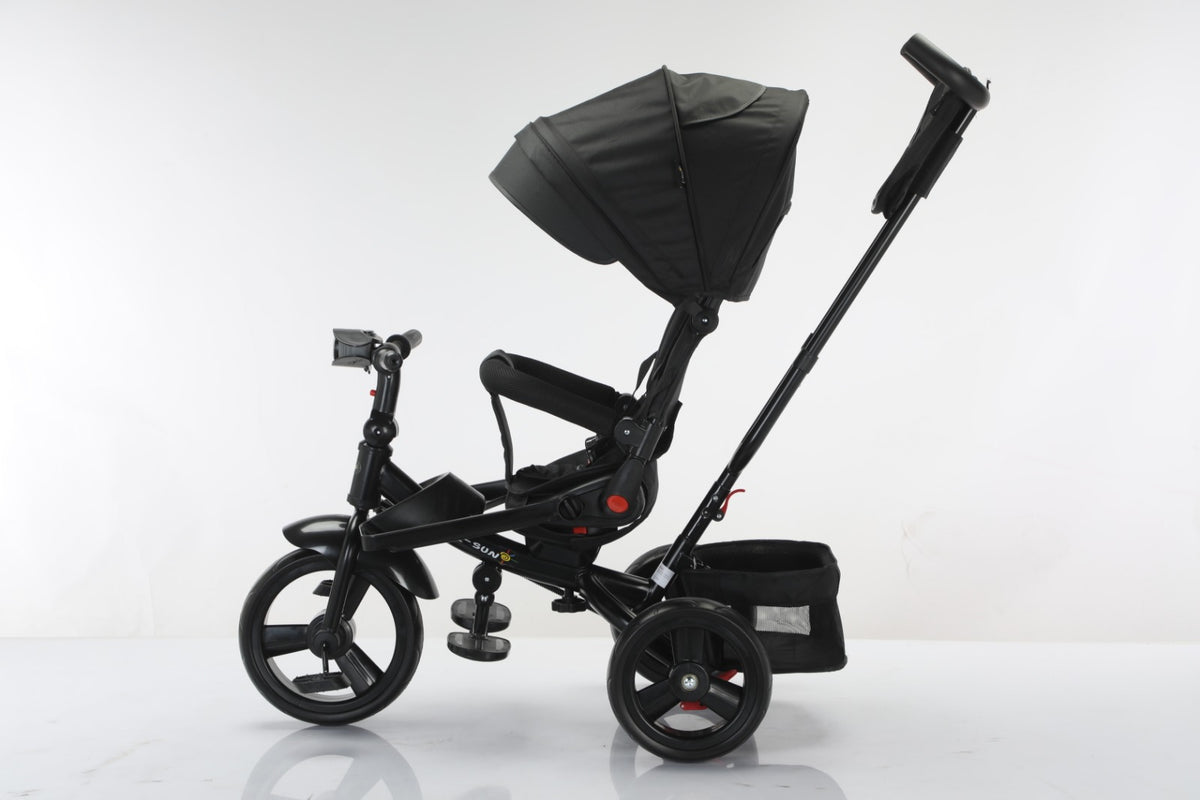 Tricicleta multifunctionala, L-Sun Star, Ansamblu muzica si lumini led, Gentuta mamici, Coș jucarii, NEGRU