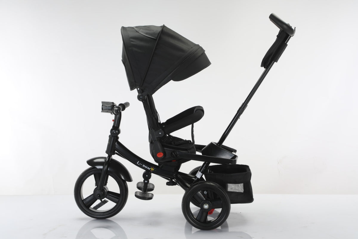 Tricicleta multifunctionala, L-Sun Star, Ansamblu muzica si lumini led, Gentuta mamici, Coș jucarii, NEGRU