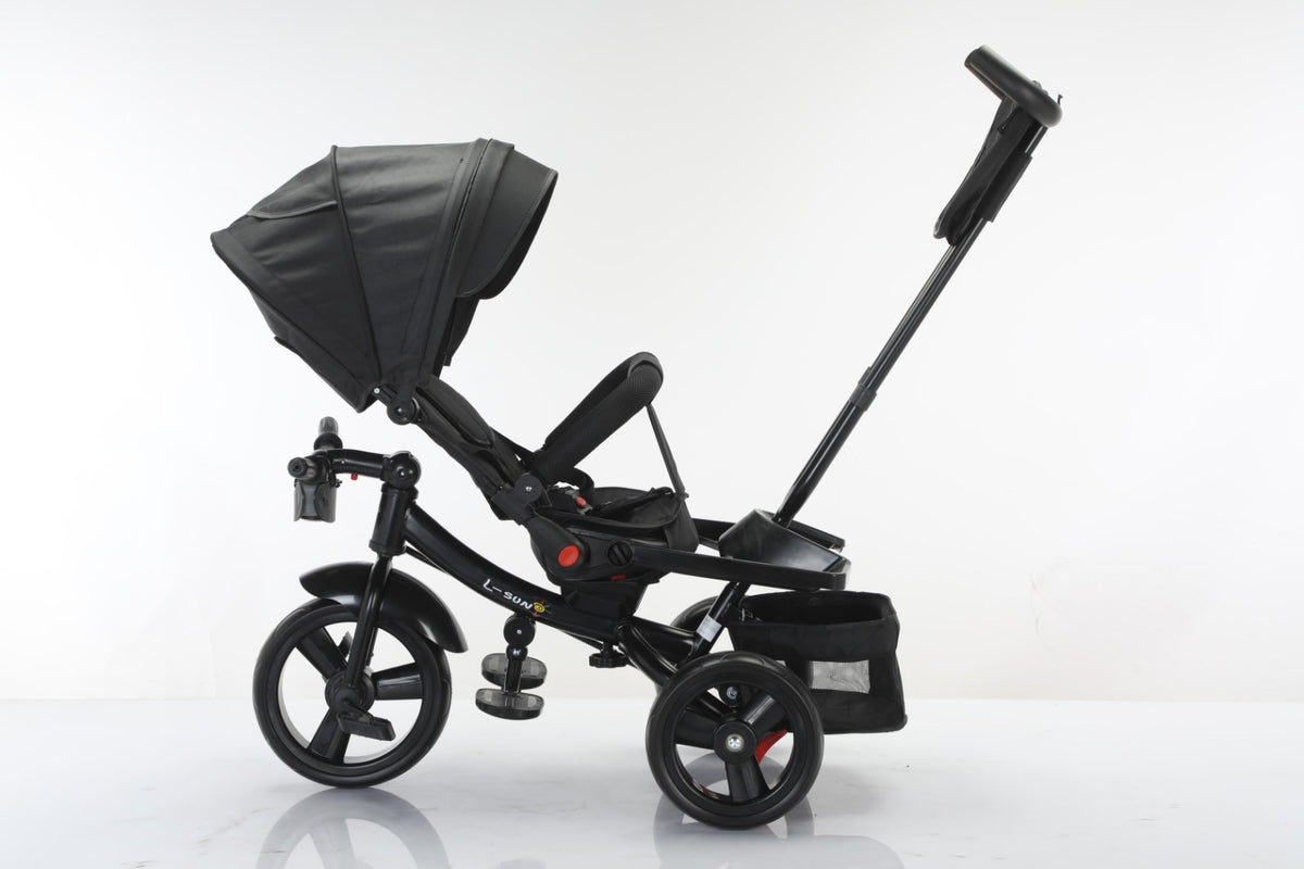 Tricicleta multifunctionala, L-Sun Star, Ansamblu muzica si lumini led, Gentuta mamici, Coș jucarii, NEGRU