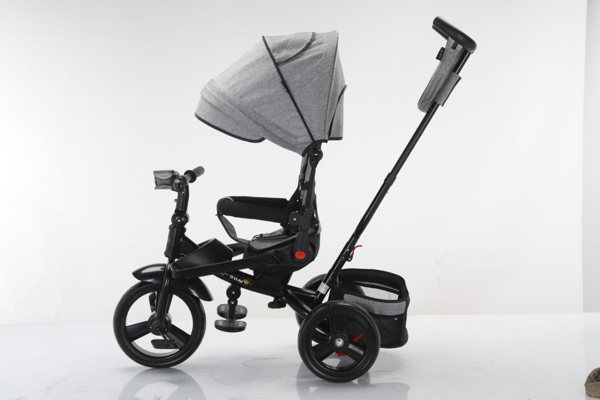 Tricicleta multifunctionala, L-Sun Star, Ansamblu muzica si lumini led, Gentuta mamici, Coș jucarii, GRI
