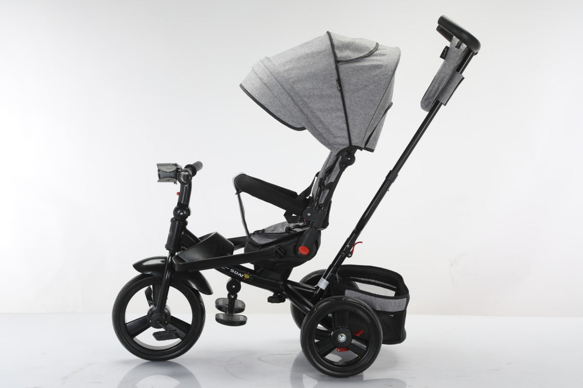 Tricicleta multifunctionala, L-Sun Star, Ansamblu muzica si lumini led, Gentuta mamici, Coș jucarii, GRI