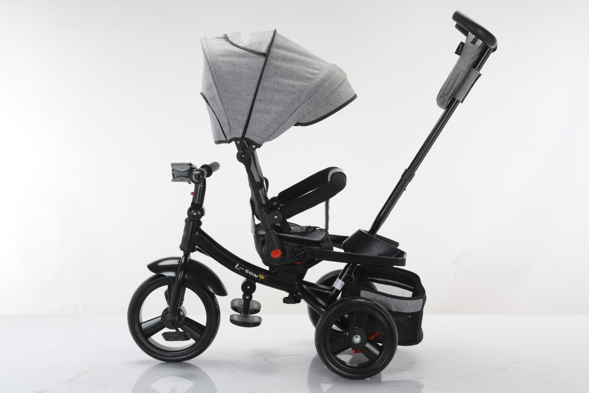 Tricicleta multifunctionala, L-Sun Star, Ansamblu muzica si lumini led, Gentuta mamici, Coș jucarii, GRI