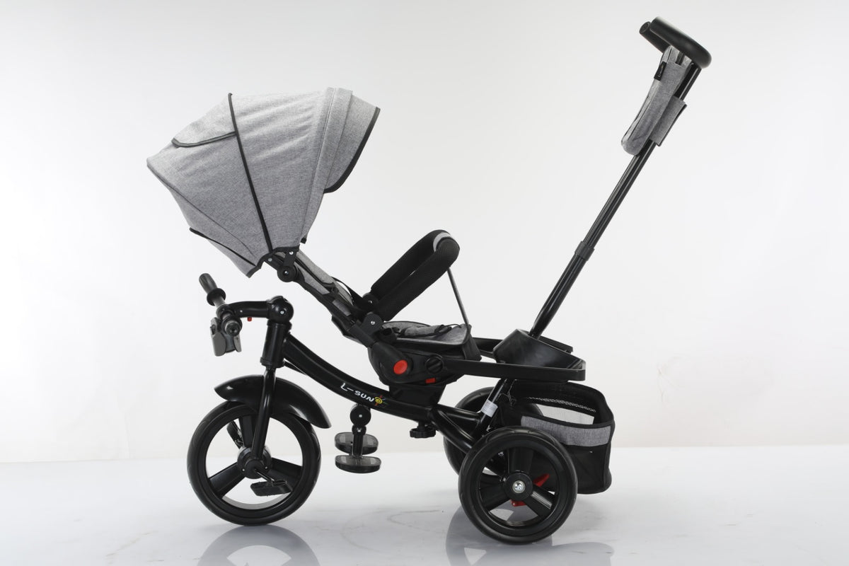 Tricicleta multifunctionala, L-Sun Star, Ansamblu muzica si lumini led, Gentuta mamici, Coș jucarii, GRI