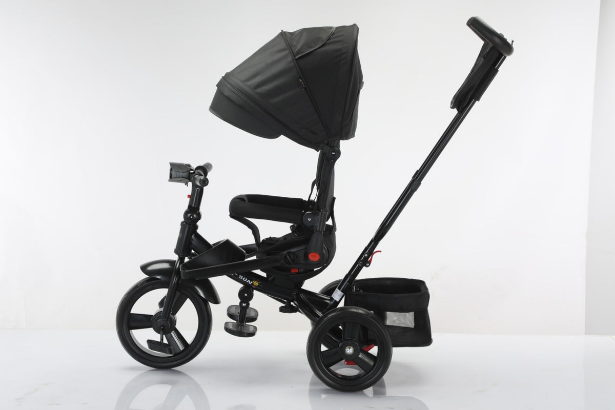 Tricicleta multifunctionala, L-Sun Star, Ansamblu muzica si lumini led, Gentuta mamici, Coș jucarii, NEGRU