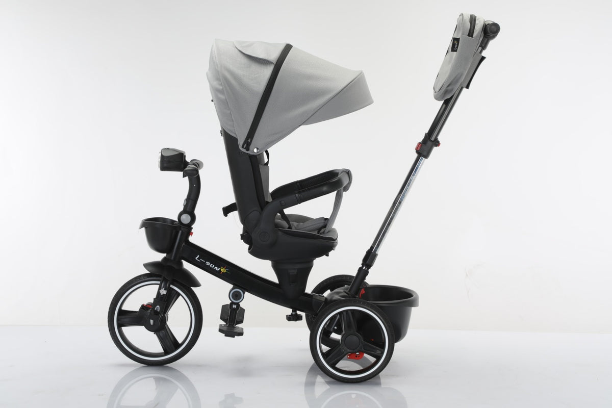 Tricicleta multifunctionala, L-Sun Spring, Ansamblu muzica si lumini led, Gentuta mamici, Coș jucarii fata/spate, GRI
