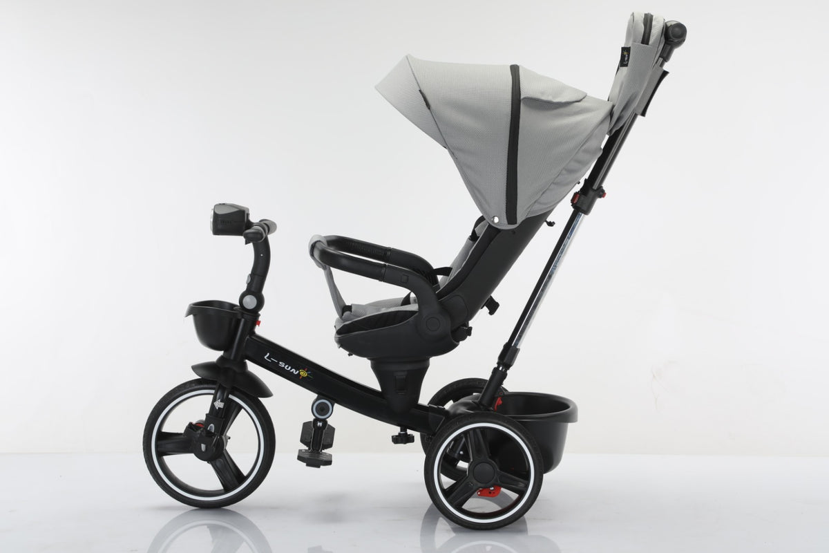 Tricicleta multifunctionala, L-Sun Spring, Ansamblu muzica si lumini led, Gentuta mamici, Coș jucarii fata/spate, GRI