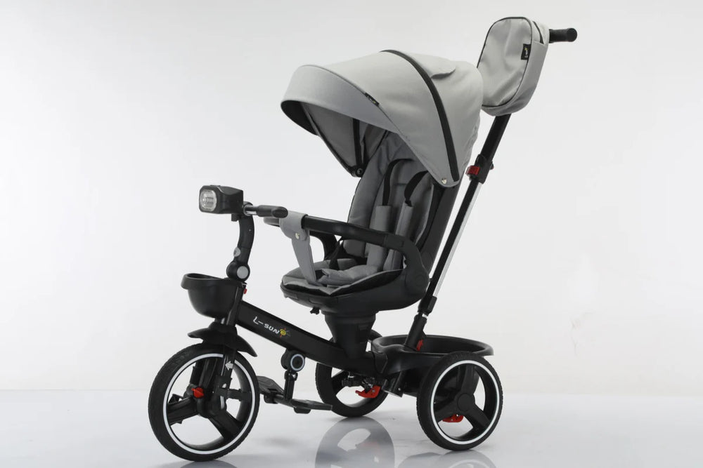 Tricicleta multifunctionala, L-Sun Spring, Ansamblu muzica si lumini led, Gentuta mamici, Coș jucarii fata/spate, GRI