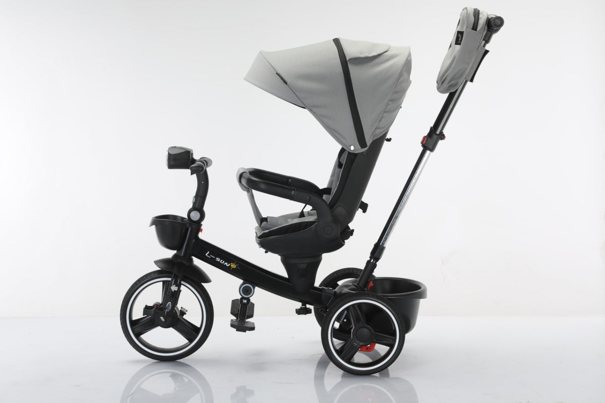 Tricicleta multifunctionala, L-Sun Spring, Ansamblu muzica si lumini led, Gentuta mamici, Coș jucarii fata/spate, GRI