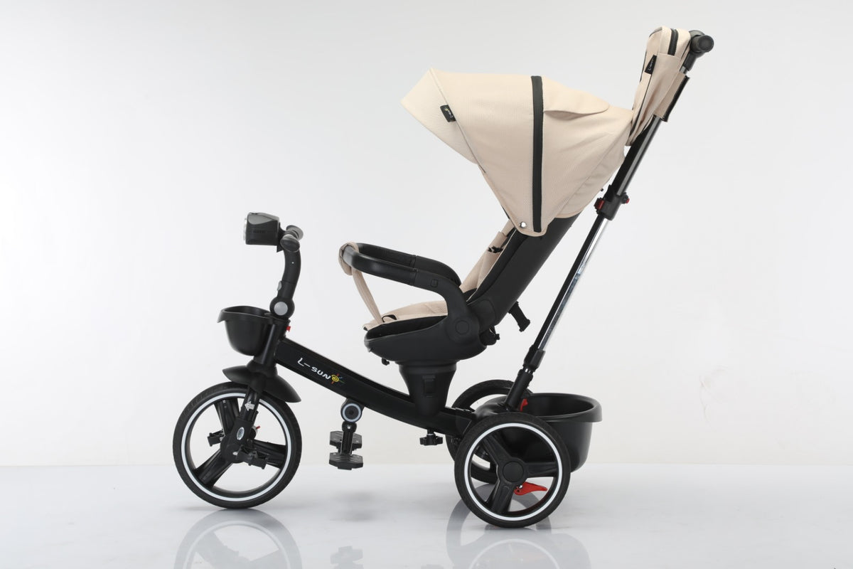 Tricicleta multifunctionala, L-Sun Spring, Ansamblu muzica si lumini led, Gentuta mamici, Coș jucarii fata/spate, CREM