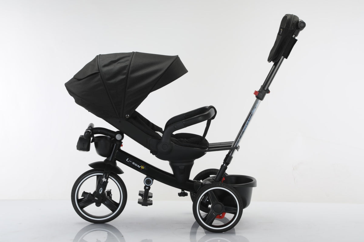 Tricicleta multifunctionala, L-Sun Spring, Ansamblu muzica si lumini led, Gentuta mamici, Coș jucarii fata/spate, NEGRU