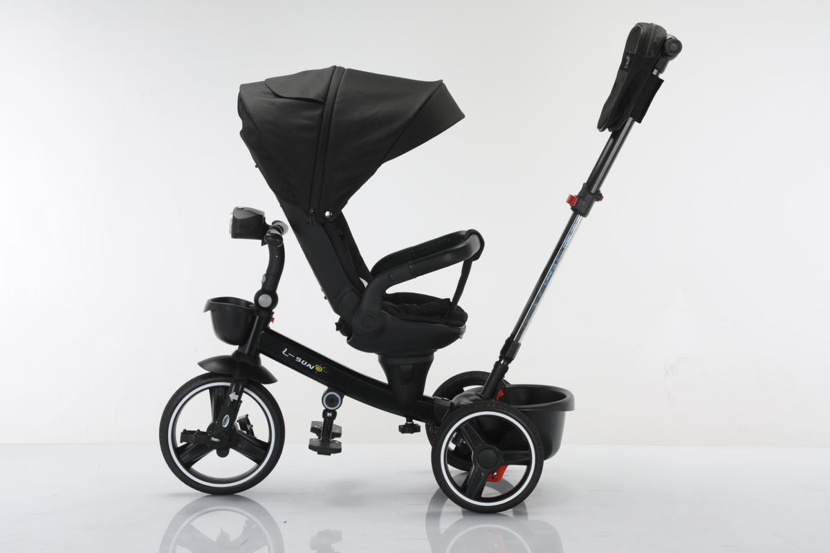 Tricicleta multifunctionala, L-Sun Spring, Ansamblu muzica si lumini led, Gentuta mamici, Coș jucarii fata/spate, NEGRU