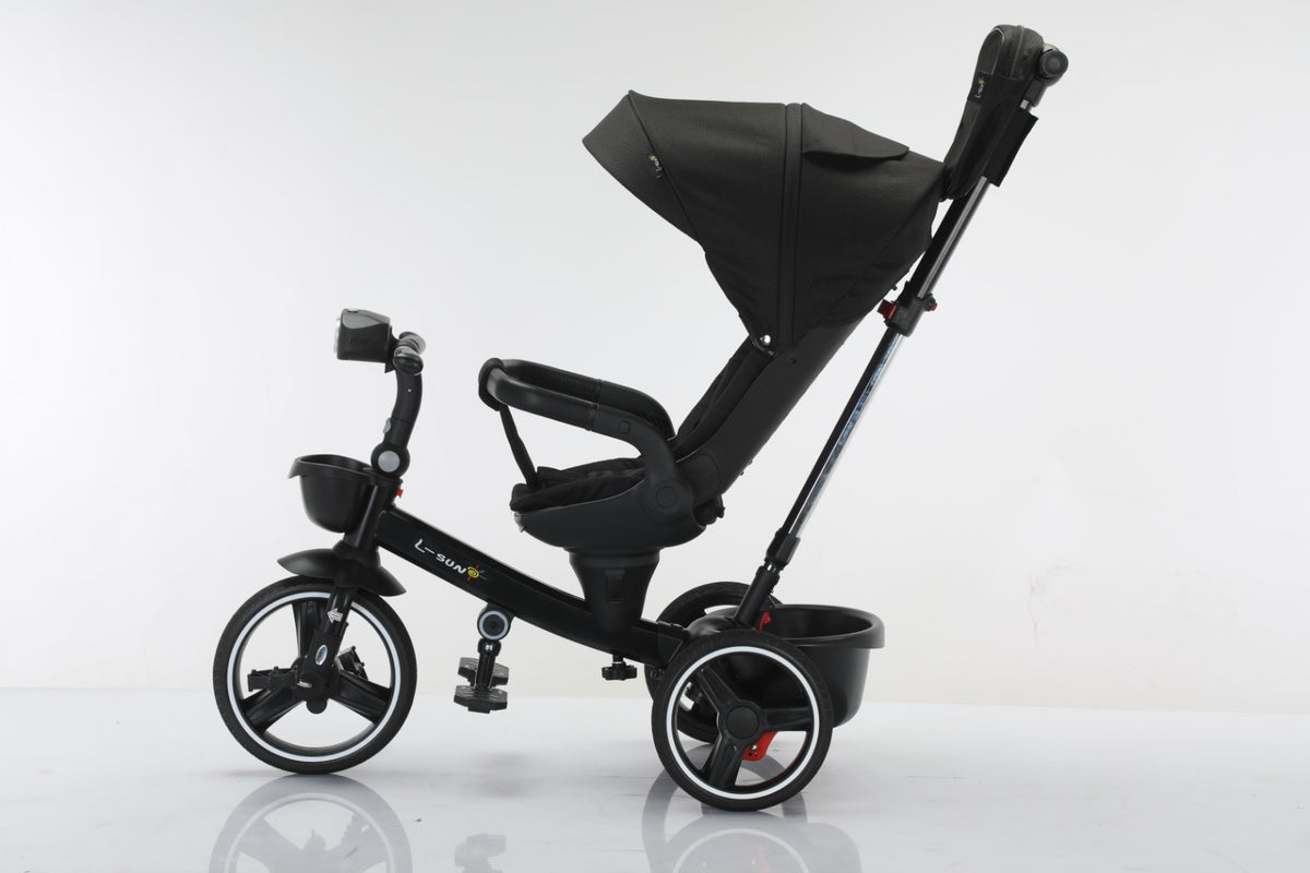 Tricicleta multifunctionala, L-Sun Spring, Ansamblu muzica si lumini led, Gentuta mamici, Coș jucarii fata/spate, NEGRU