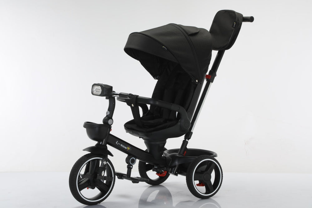 Tricicleta multifunctionala, L-Sun Spring, Ansamblu muzica si lumini led, Gentuta mamici, Coș jucarii fata/spate, NEGRU