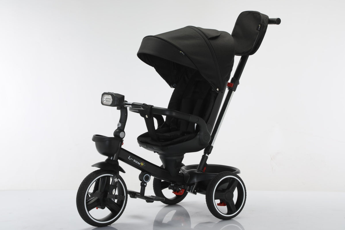 Tricicleta multifunctionala, L-Sun Spring, Ansamblu muzica si lumini led, Gentuta mamici, Coș jucarii fata/spate, NEGRU