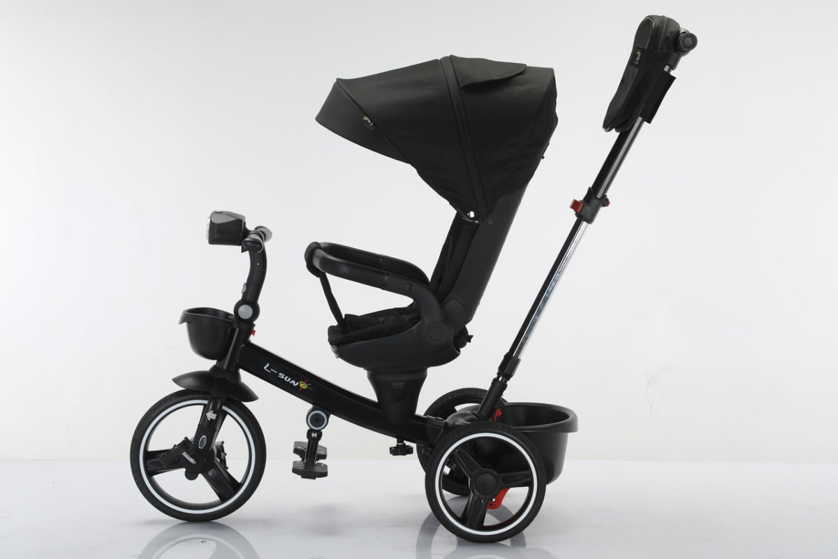 Tricicleta multifunctionala, L-Sun Spring, Ansamblu muzica si lumini led, Gentuta mamici, Coș jucarii fata/spate, NEGRU
