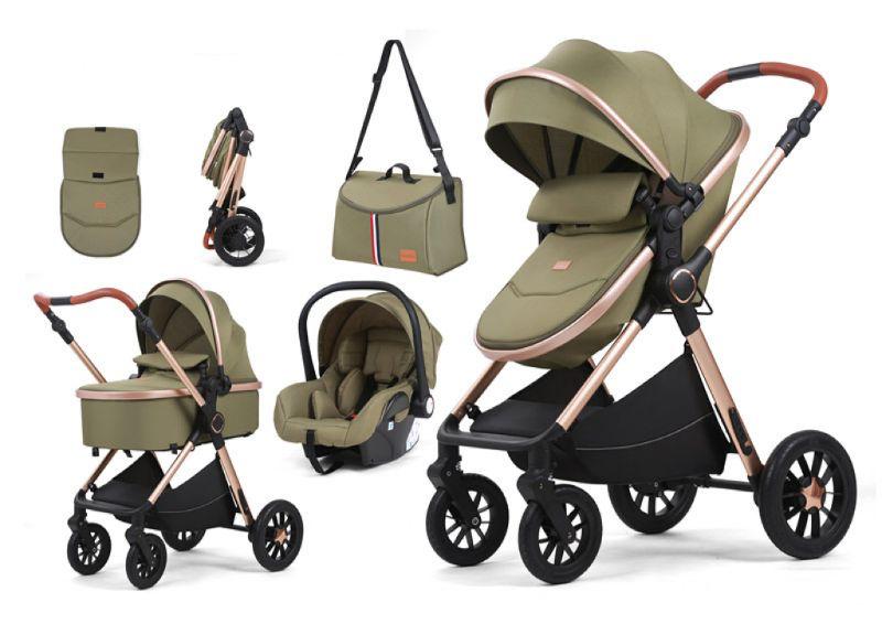 Carucior 3 in 1, L-Sun, Marina, Transformabil, Maner reversibil,  Cadrul aluminiu, Cu landou si salteluta moale, Include saculet de picioare, Geanta pentru parinti, Sustine 22 kg, Olive - gogobaby.ro