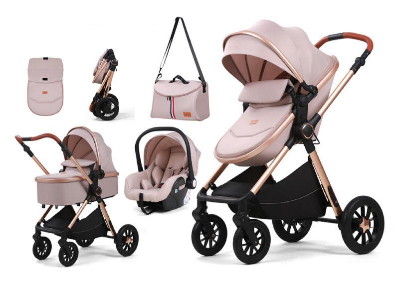 Carucior 3 in 1, L-Sun, Marina, Transformabil, Maner reversibil,  Cadrul aluminiu, Cu landou si salteluta moale, Include saculet de picioare, Geanta pentru parinti, Sustine 22 kg, Bej - gogobaby.ro