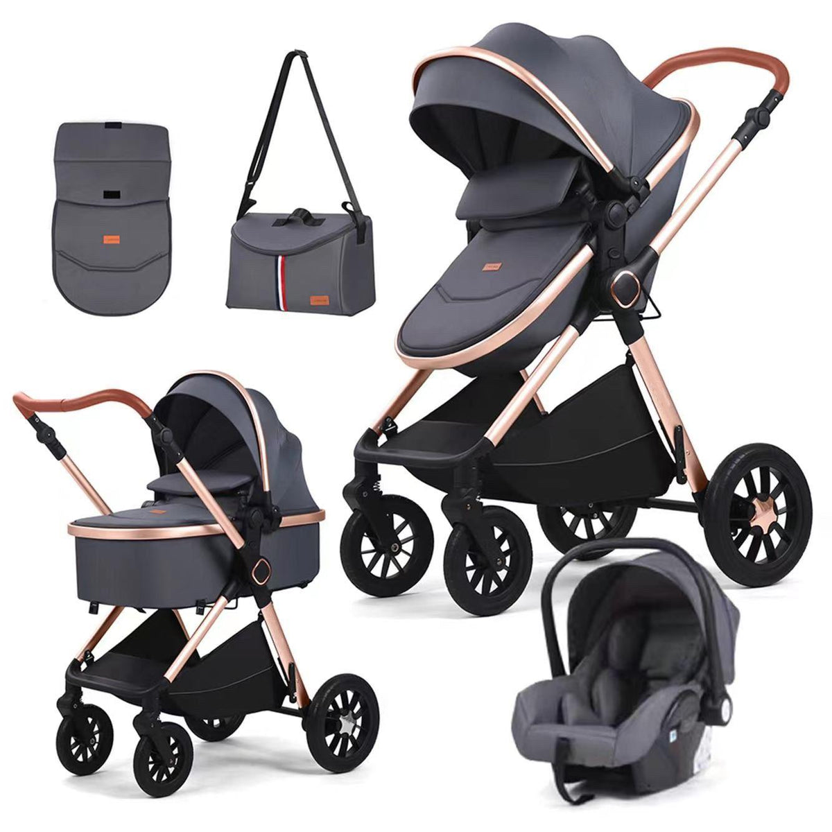 Carucior 3 in 1, L-Sun, Marina, Transformabil, Maner reversibil,  Cadrul aluminiu, Cu landou si salteluta moale, Include saculet de picioare, Geanta pentru parinti, Sustine 22 kg, Gri - gogobaby.ro