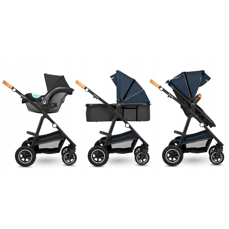 Carucior 3 in 1, Lionelo, Amber, Cadru aluminiu, Cu landou intarit si salteluta moale, Cu scoica auto testata ADAC, Reversibil, Cu accesorii, Geanta parinti, Pana la 22 kg, EN1888-1 EN1888-2 EN1466 ECE R129, Albastru - gogobaby.ro