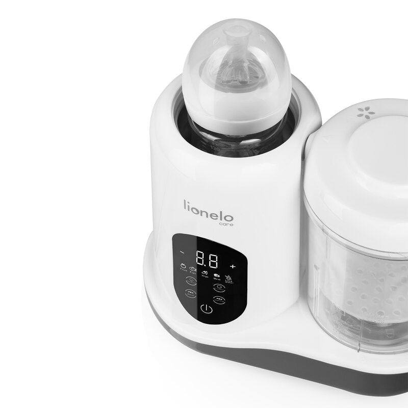 Aparat de gatit, Lionelo, BabyMenu, 5 in 1, Cu gatire la abur, dezghetare, amestecare, incalzire, sterilizare, Cu recipient din tritan, Alb