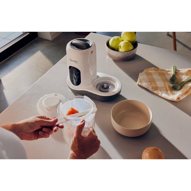 Aparat de gatit, Lionelo, BabyMenu, 5 in 1, Cu gatire la abur, dezghetare, amestecare, incalzire, sterilizare, Cu recipient din tritan, Alb
