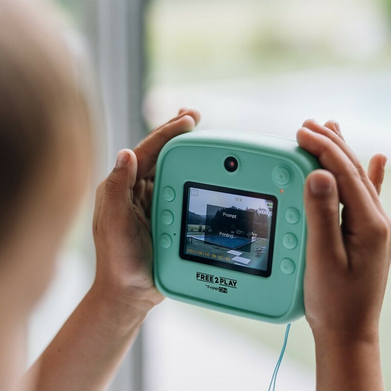 Aparat foto copii cu printare instant, Free2Play, Camere duale fata-spate, Cadre distractive, Cu 6 filtre, Dino - gogobaby.ro