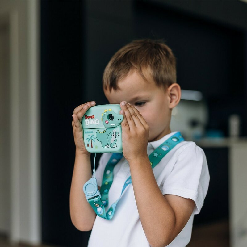 Aparat foto copii cu printare instant, Free2Play, Camere duale fata-spate, Cadre distractive, Cu 6 filtre, Dino - gogobaby.ro