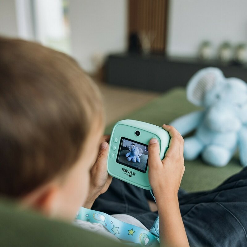 Aparat foto copii cu printare instant, Free2Play, Camere duale fata-spate, Cadre distractive, Cu 6 filtre, Dino - gogobaby.ro