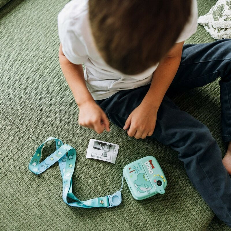Aparat foto copii cu printare instant, Free2Play, Camere duale fata-spate, Cadre distractive, Cu 6 filtre, Dino