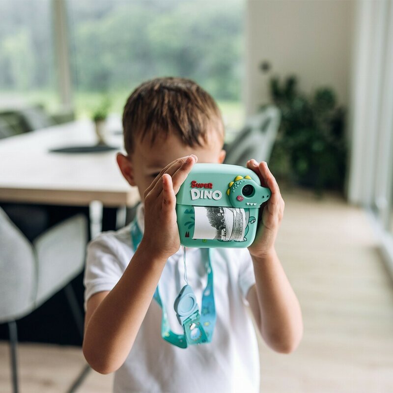 Aparat foto copii cu printare instant, Free2Play, Camere duale fata-spate, Cadre distractive, Cu 6 filtre, Dino - gogobaby.ro