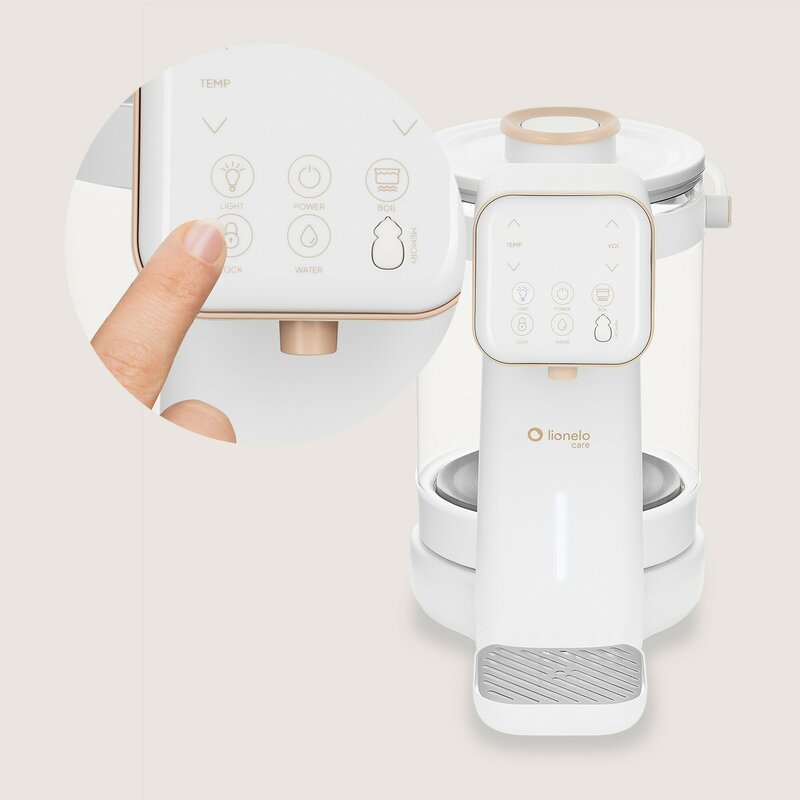 Aparat pentru incalzirea si declorizare apei, Lionelo, Babypresto 2.0, Pentru lapte parf, Lampa UV, Rezervor 3l, Lumina de noapte, Dozare 30- 300 ml, 1200 W, Afisaj digital, Alb