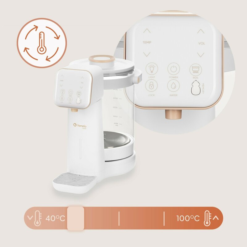 Aparat pentru incalzirea si declorizare apei, Lionelo, Babypresto 2.0, Pentru lapte parf, Lampa UV, Rezervor 3l, Lumina de noapte, Dozare 30- 300 ml, 1200 W, Afisaj digital, Alb