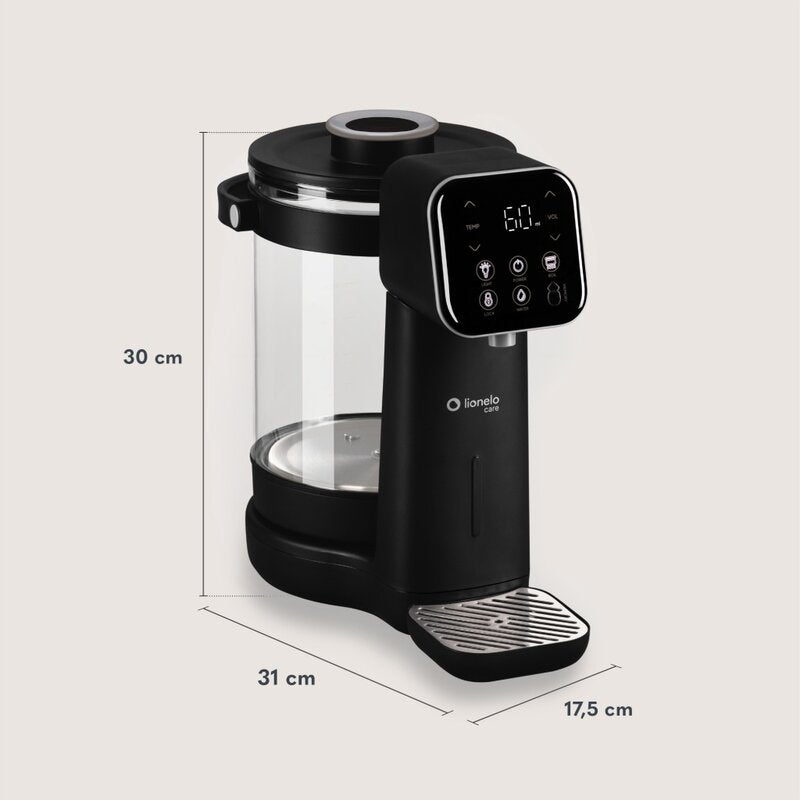 Aparat pentru incalzirea si declorizarea apei, Lionelo, Babypresto 2.0, Pentru lapte parf, Lampa UV, Rezervor 3l, Lumina de noapte, Dozare 30- 300 ml, 1200 W, Afisaj digital, Negru