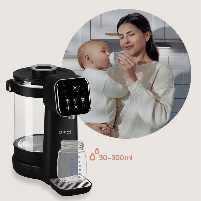 Aparat pentru incalzirea si declorizarea apei, Lionelo, Babypresto 2.0, Pentru lapte parf, Lampa UV, Rezervor 3l, Lumina de noapte, Dozare 30- 300 ml, 1200 W, Afisaj digital, Negru