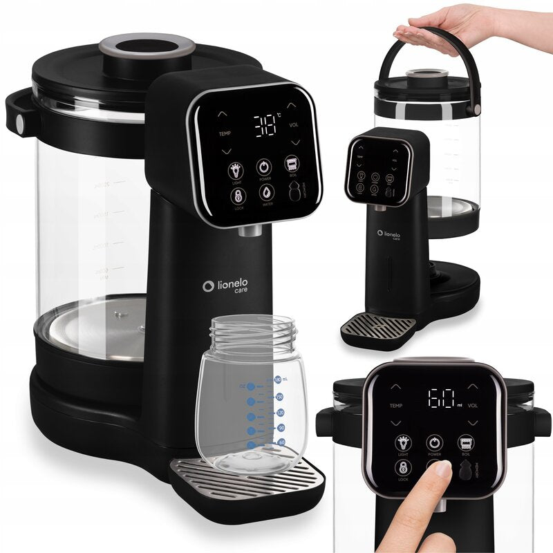 Aparat pentru incalzirea si declorizarea apei, Lionelo, Babypresto 2.0, Pentru lapte parf, Lampa UV, Rezervor 3l, Lumina de noapte, Dozare 30- 300 ml, 1200 W, Afisaj digital, Negru