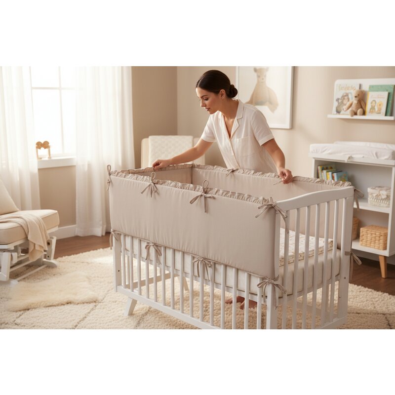 Aparatoare pentru patut, MimiNu, Cu volanase, Din bumbac certificat Oeko Tex Standard 100, 180x30 cm, Cu panglici, Colectia Royal, Mocha